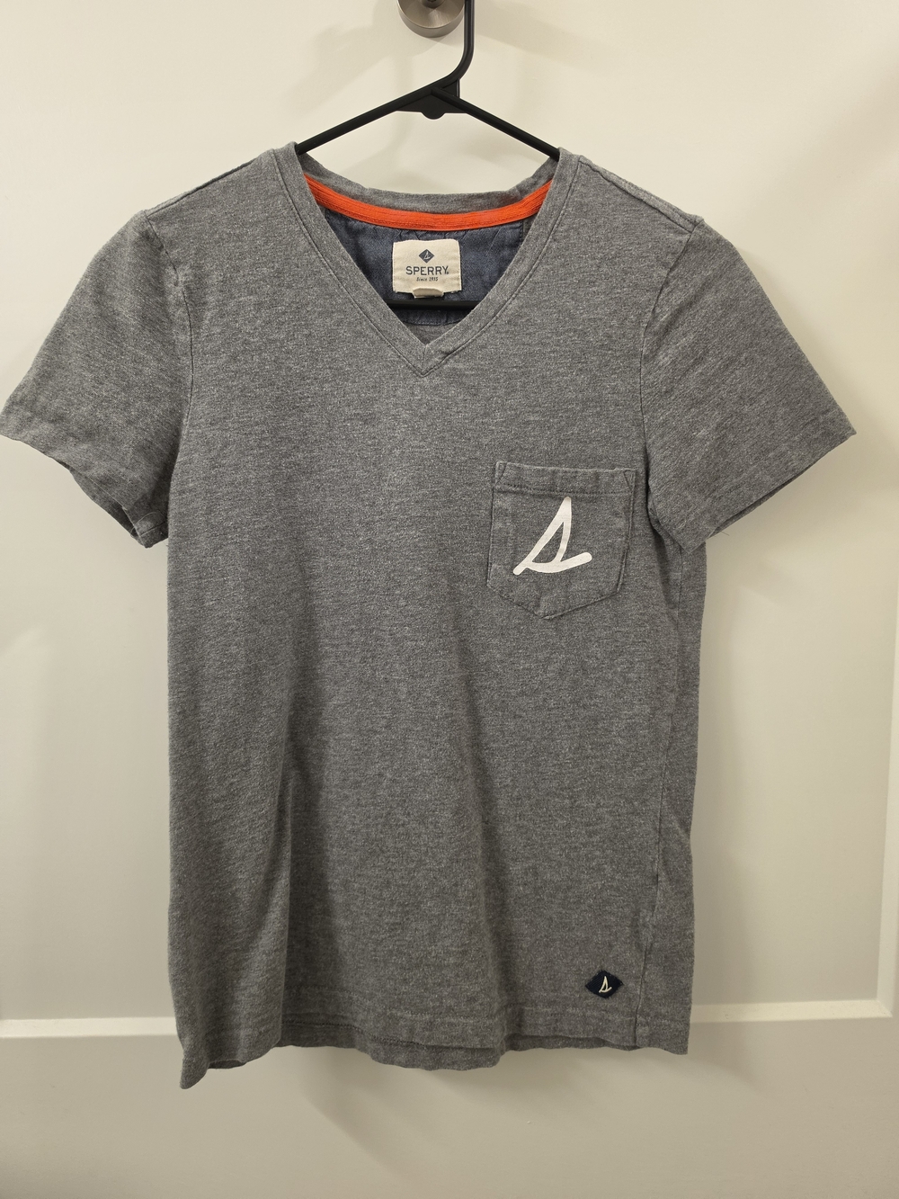 Sperry Gray V-Neck Short Sleeve Pocket Tee with Orange Trim
